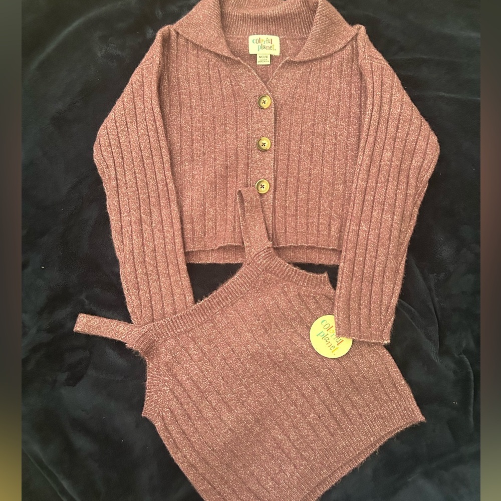 Colorful planet 2 piece set sweater cardigan and tank, size 7/8, purple